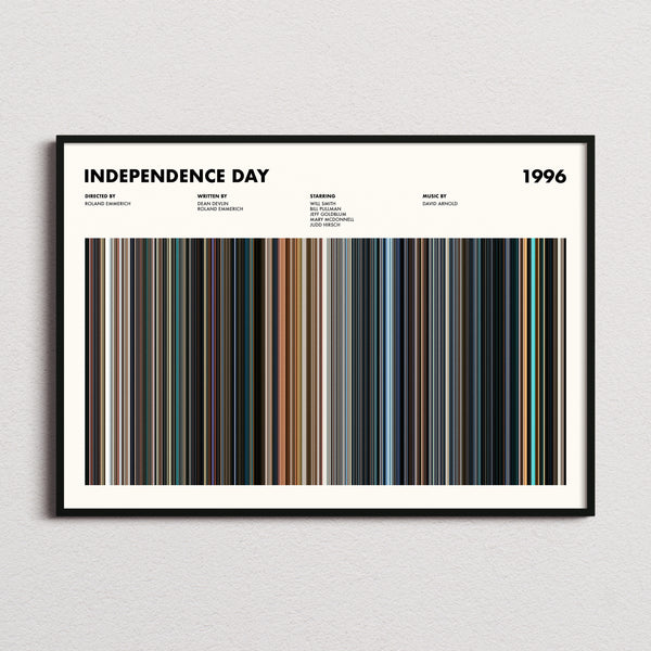 Independence Day Movie Barcode Poster framed and photographed straight on