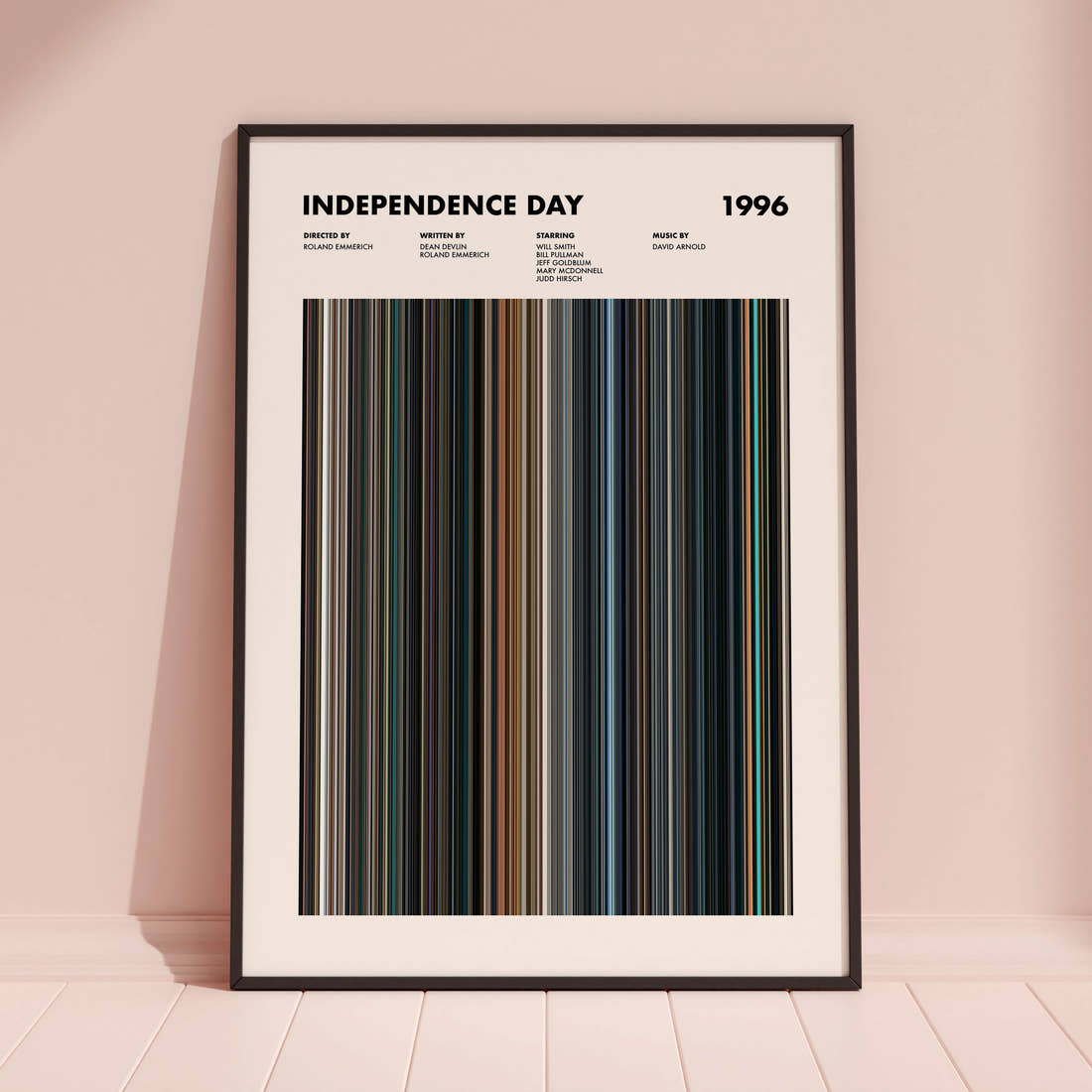 Independence Day Movie Barcode Poster framed and leaning against a coloured wall