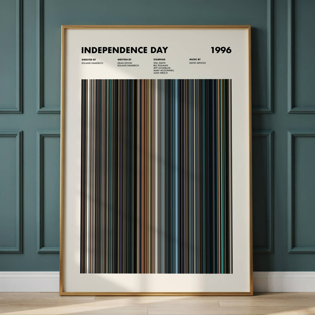 Independence Day Movie Barcode Poster framed and leaning against a panelled wall