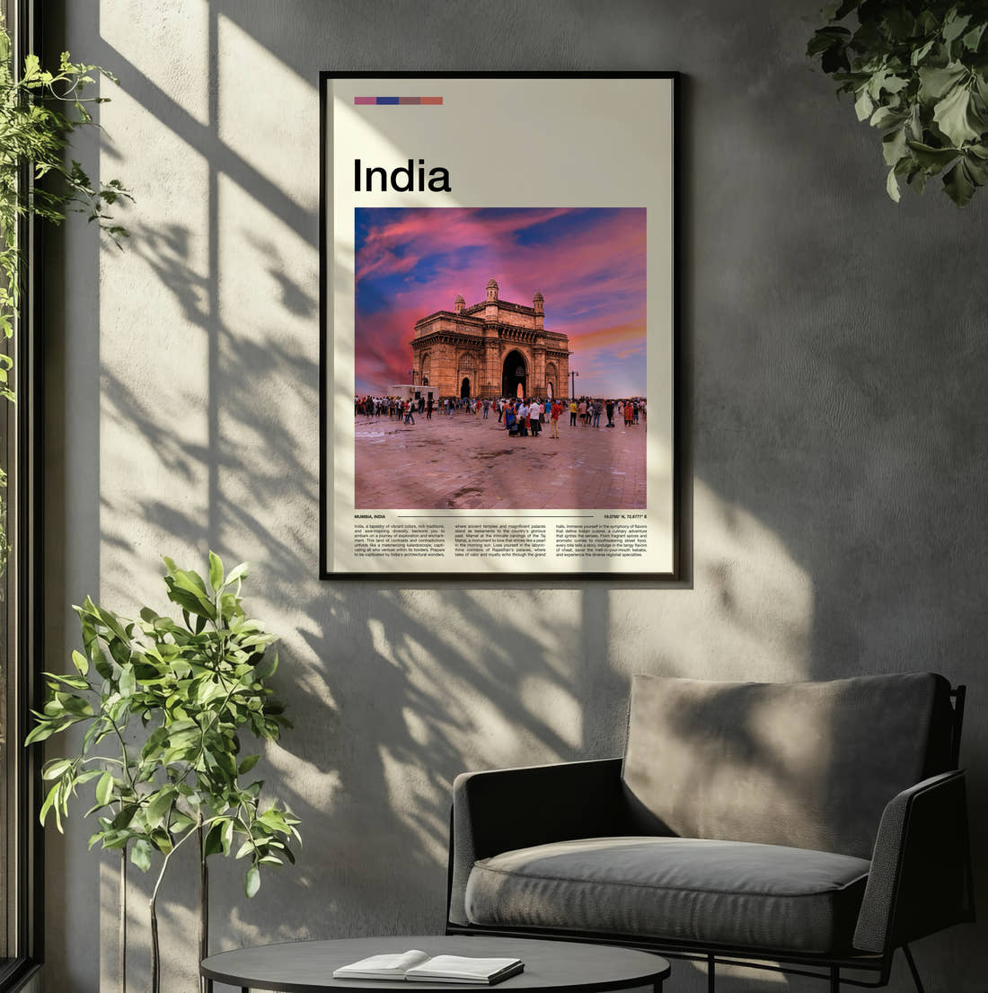 India Travel Print framed on the wall of a relaxed living room