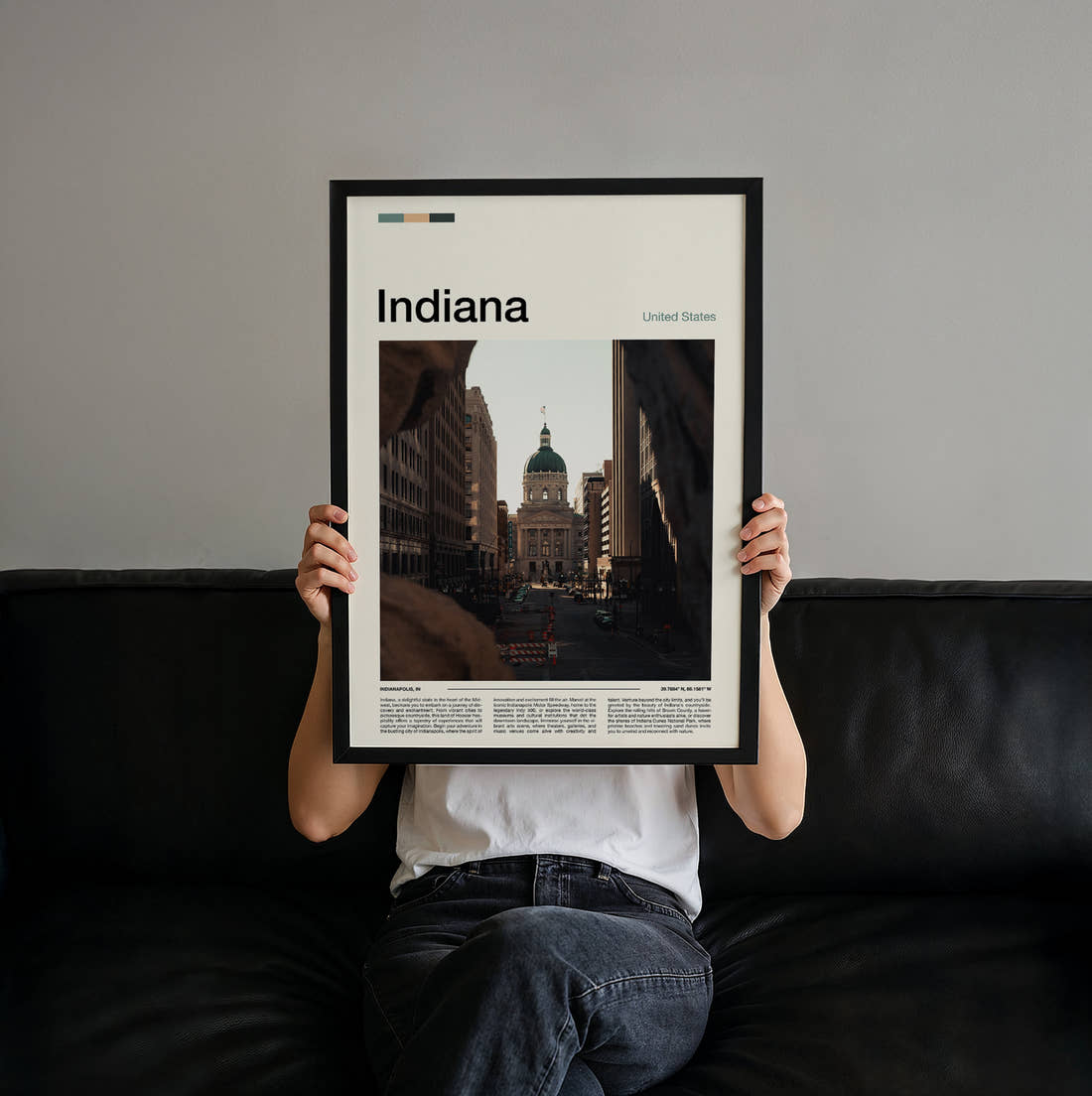 Indiana State Capitol Building Travel Print held up by hand to show the size of the print