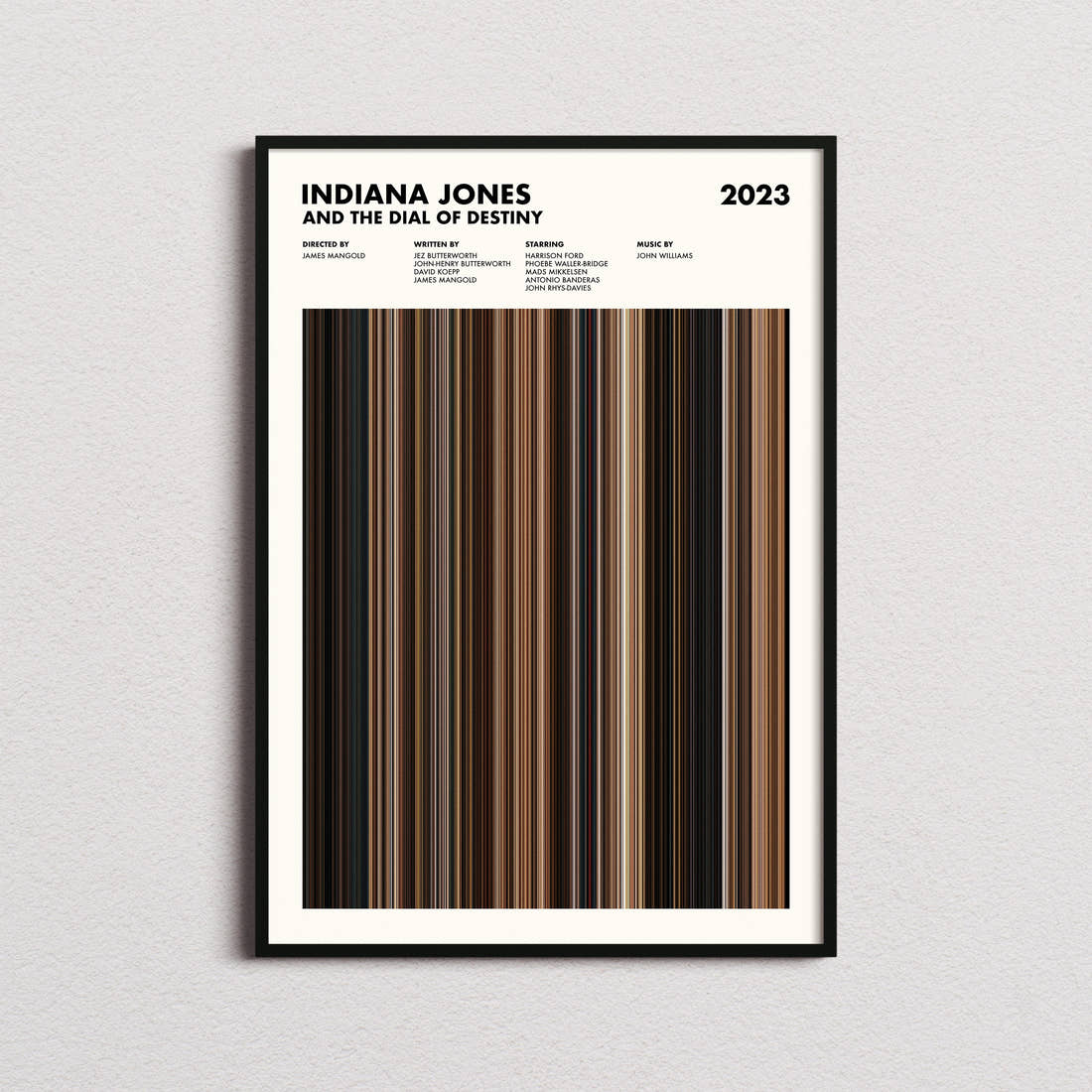 Indiana Jones and the Dial of Destiny Movie Barcode Poster framed on a plain studio wall