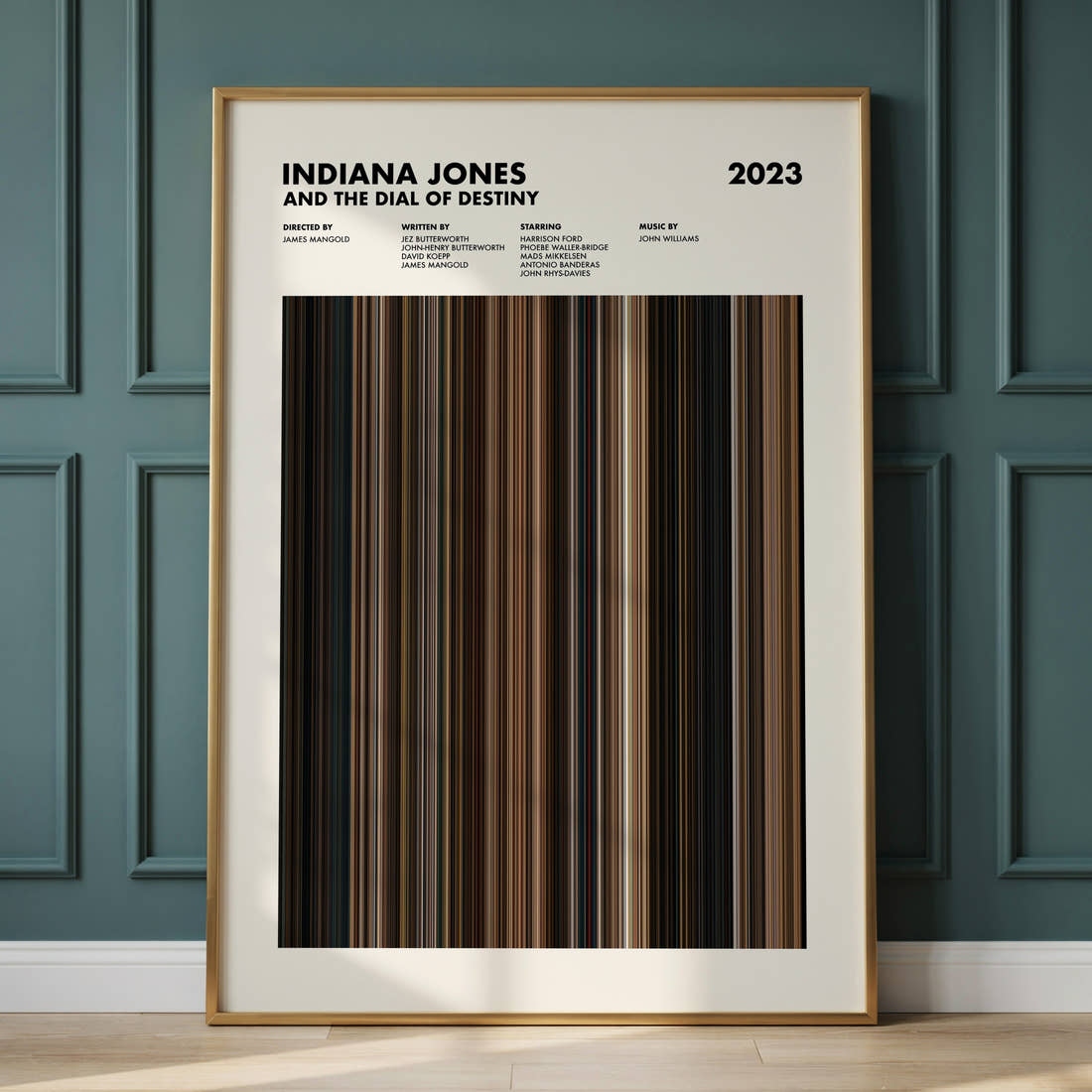 Indiana Jones and the Dial of Destiny Movie Barcode Poster framed and leaning against a panelled wall