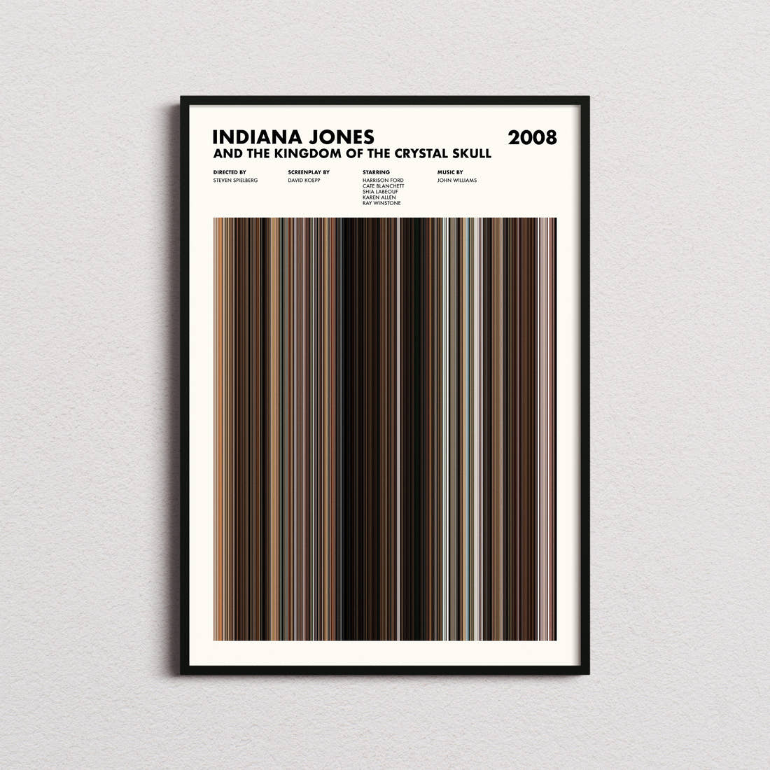 Indiana Jones and the Kingdom of the Crystal Skull Movie Barcode Poster framed on a plain studio wall