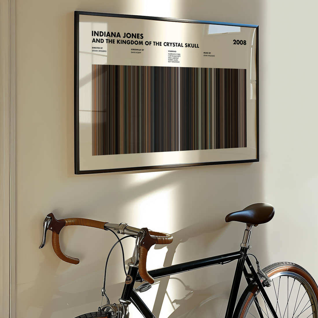 Indiana Jones and the Kingdom of the Crystal Skull Movie Barcode Poster framed on the wall of a styled room setting