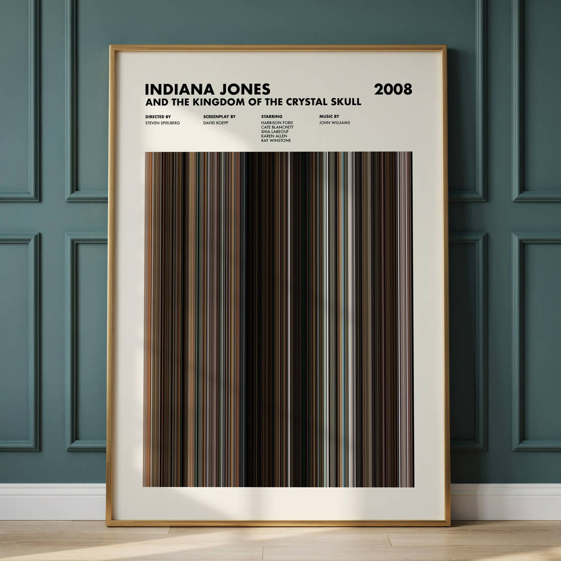 Indiana Jones and the Kingdom of the Crystal Skull Movie Barcode Poster framed and leaning against a panelled wall