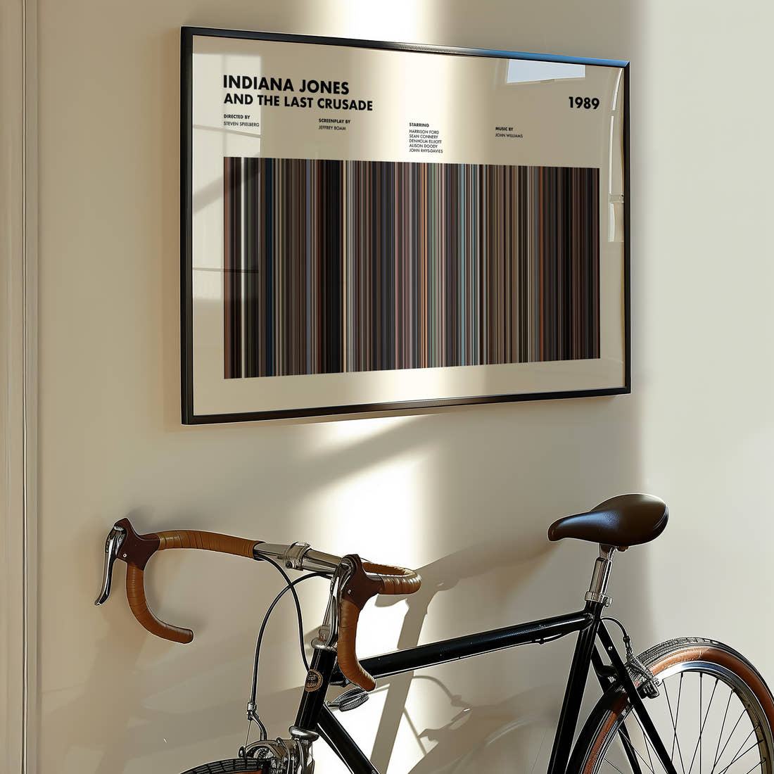 Indiana Jones and the Last Crusade Movie Barcode Poster framed on the wall of a styled room setting