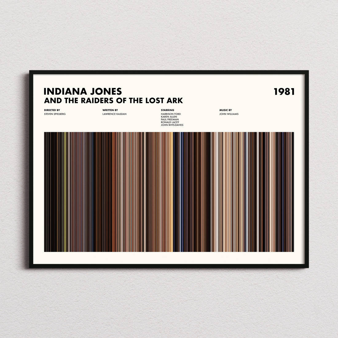 Indiana Jones and the Raiders of the Lost Ark Movie Barcode Poster framed and photographed straight on