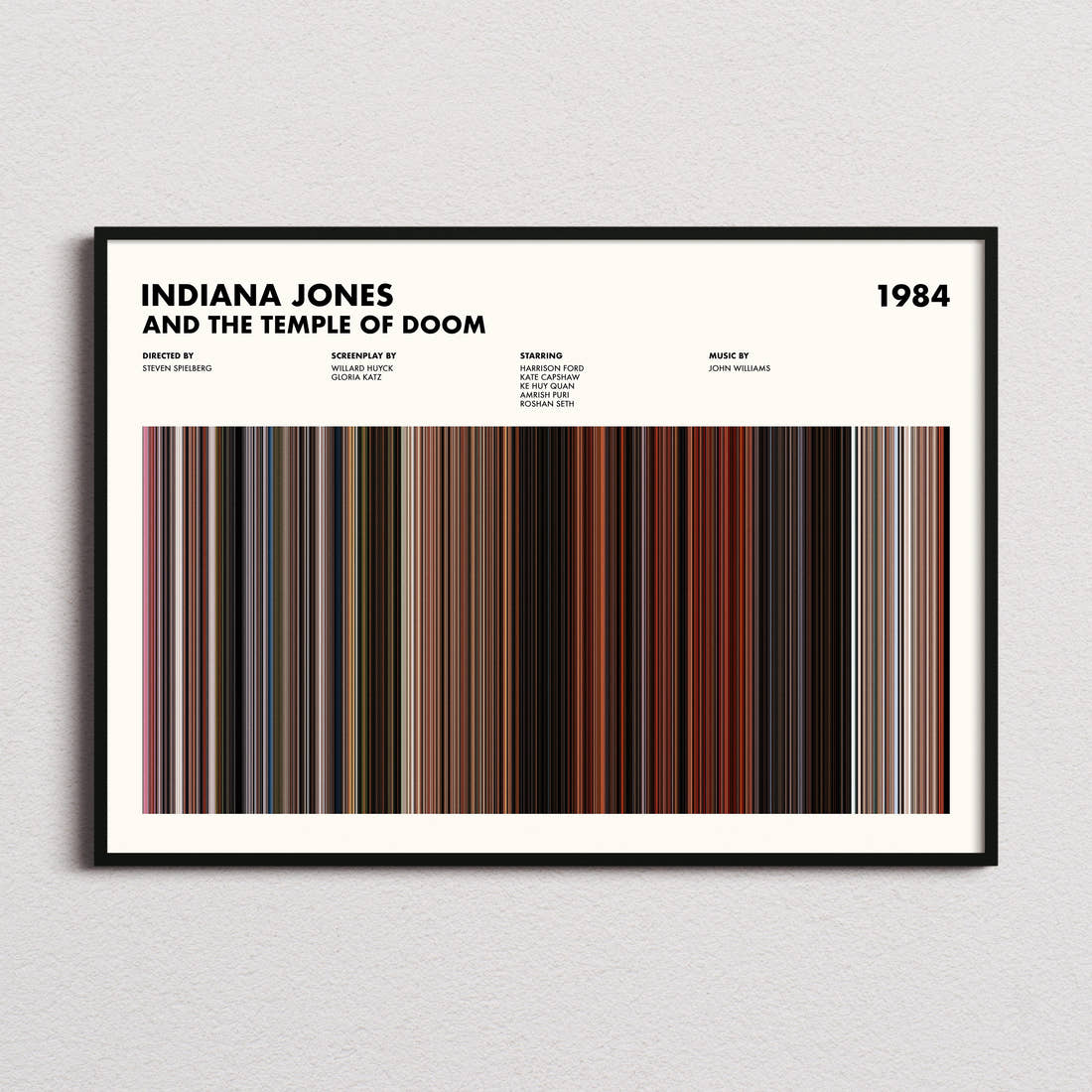 Indiana Jones and the Temple of Doom Movie Barcode Poster framed and photographed straight on