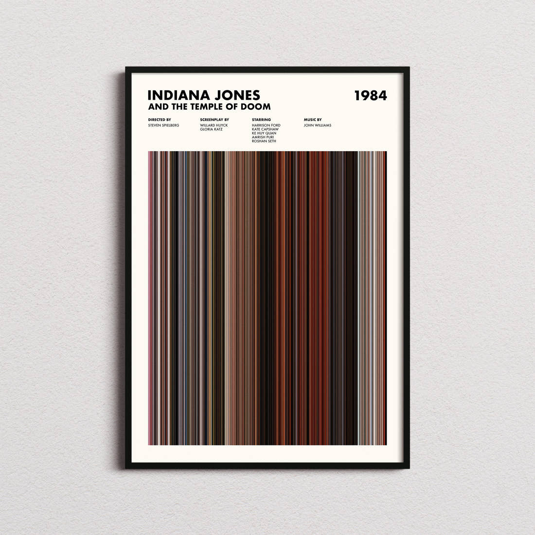 Indiana Jones and the Temple of Doom Movie Barcode Poster framed on a plain studio wall
