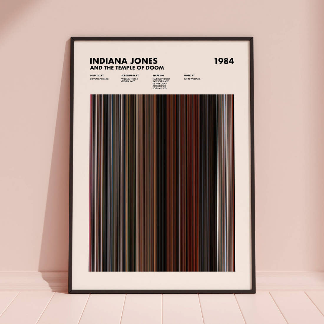 Indiana Jones and the Temple of Doom Movie Barcode Poster framed and leaning against a coloured wall
