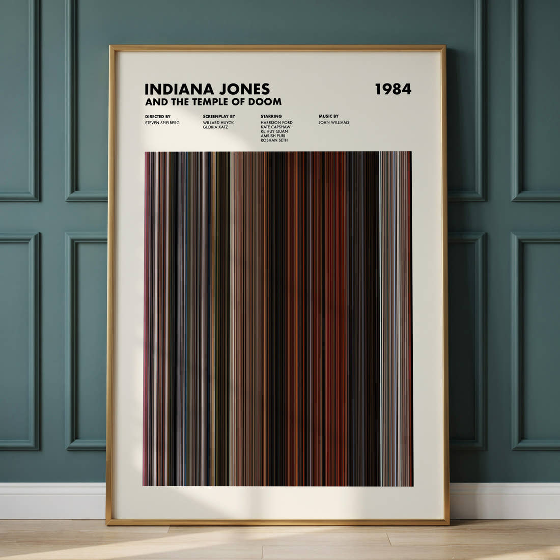 Indiana Jones and the Temple of Doom Movie Barcode Poster framed and leaning against a panelled wall