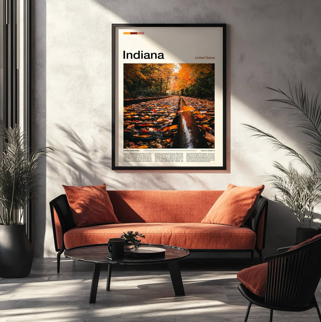 Indiana Autumn Leaves On Tracks Travel Print framed on the wall of a modern living room