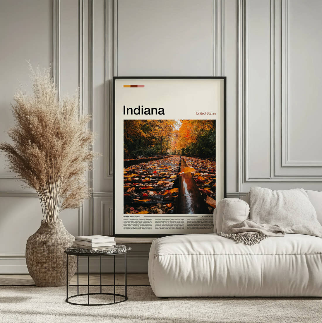 Indiana Autumn Leaves On Tracks Travel Print framed on the wall of a calm, neutral bedroom