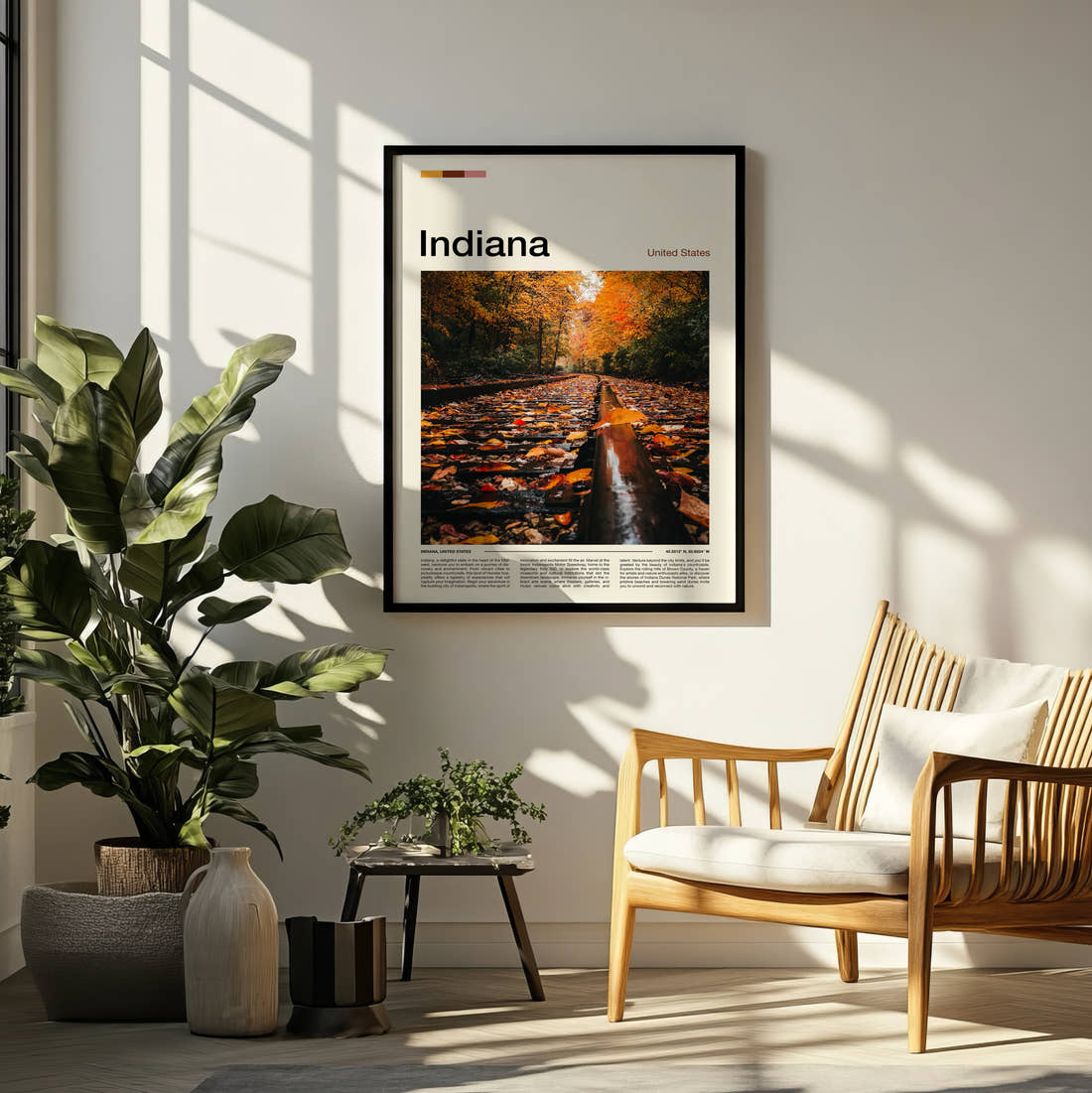 Indiana Autumn Leaves On Tracks Travel Print framed on a pale wall beside houseplants