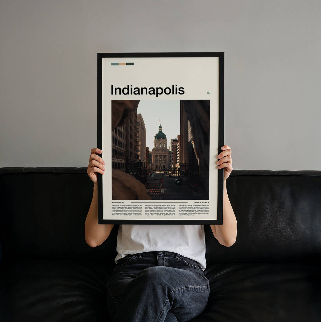 Indianapolis State Capitol Building Travel Print held up by hand to show the size of the print