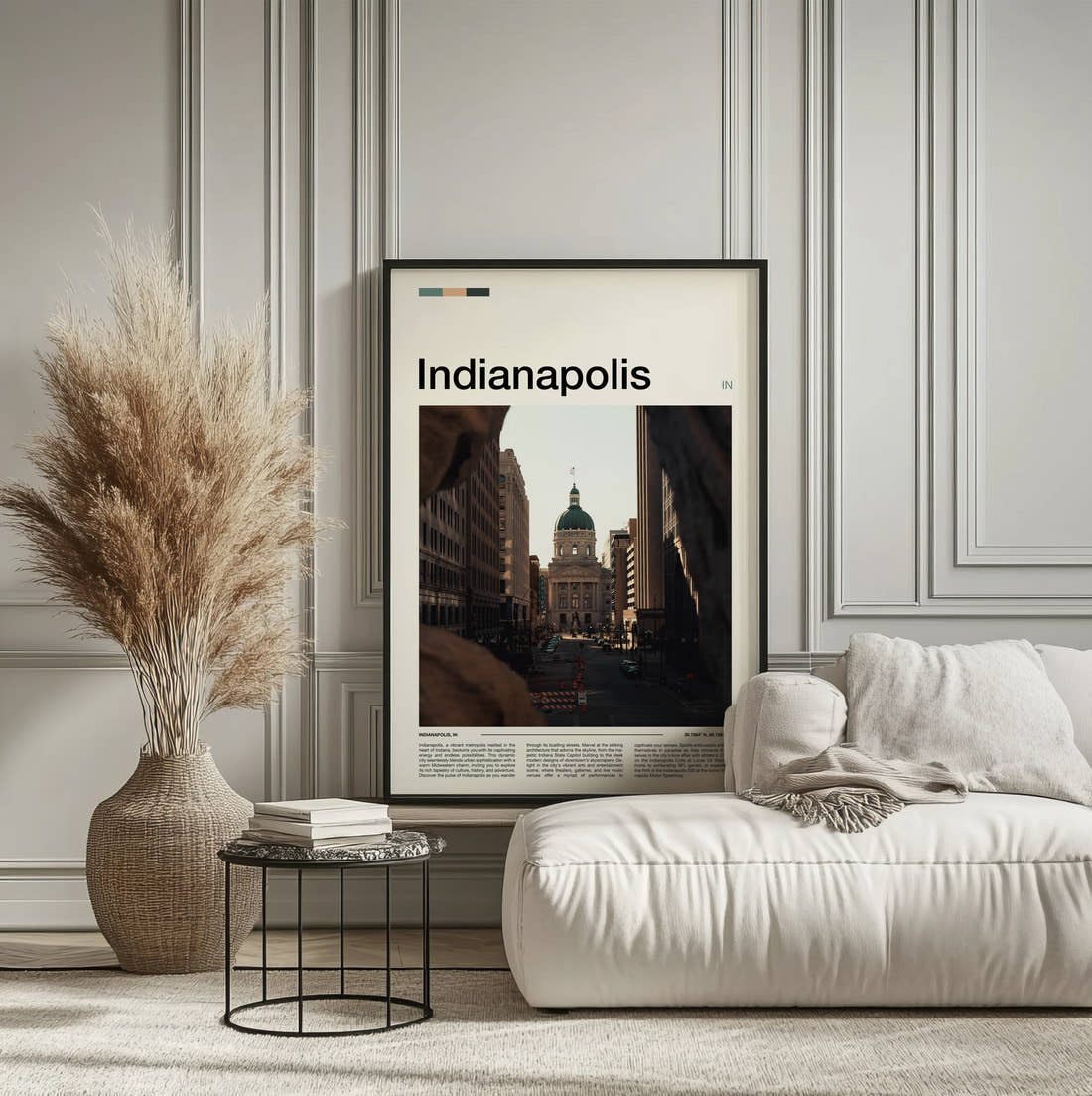 Indianapolis State Capitol Building Travel Print framed on the wall of a calm, neutral bedroom