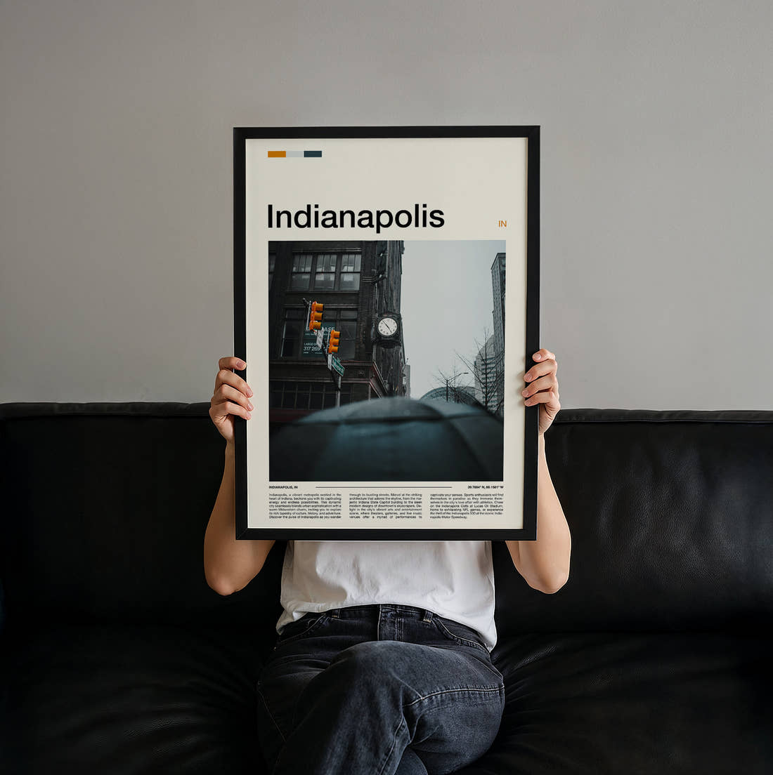 Indianapolis Street Corner Clock Travel Print held up by hand to show the size of the print