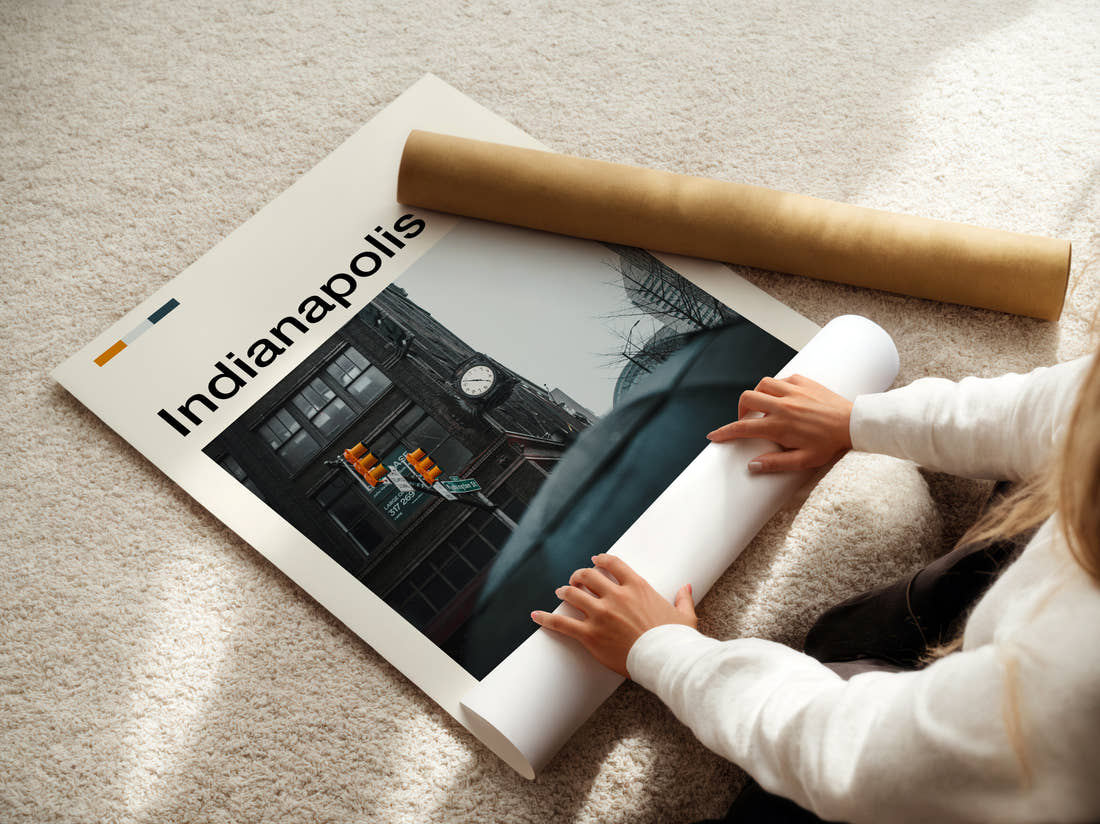 Indianapolis Street Corner Clock Travel Print being unrolled from its postal tube