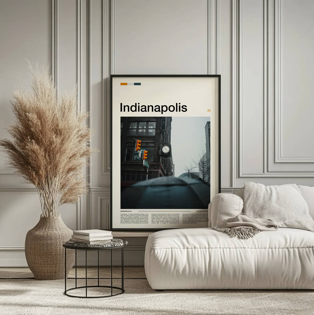 Indianapolis Street Corner Clock Travel Print framed on the wall of a calm, neutral bedroom