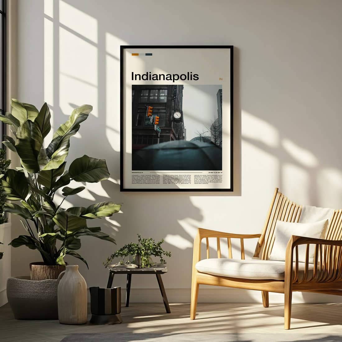 Indianapolis Street Corner Clock Travel Print framed on a pale wall beside houseplants