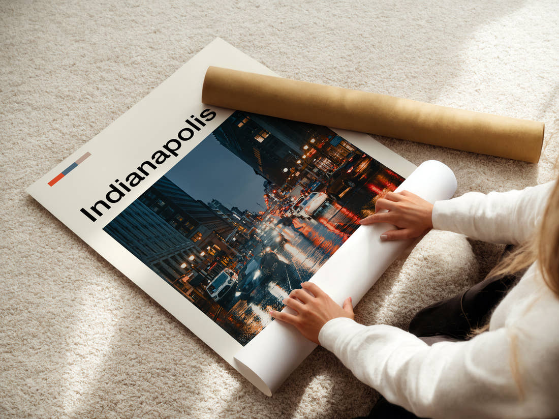 Indianapolis Rainy Street At Dusk Travel Print being unrolled from its postal tube