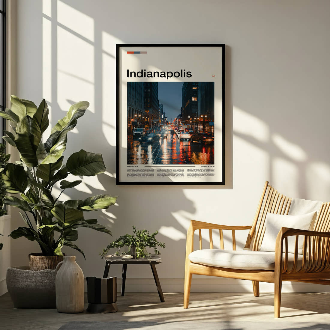 Indianapolis Rainy Street At Dusk Travel Print framed on a pale wall beside houseplants