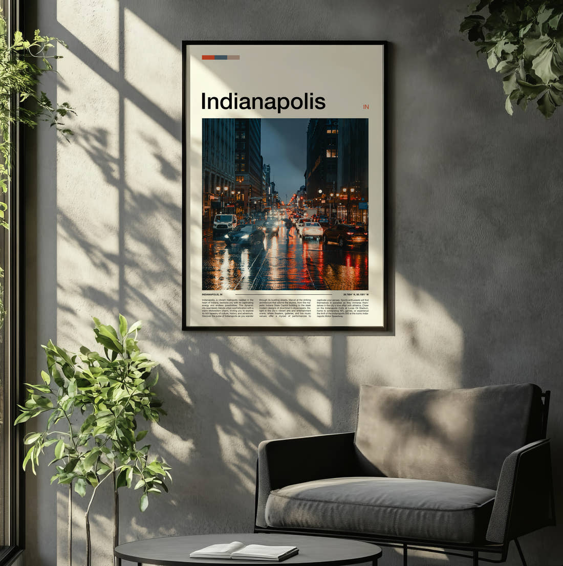 Indianapolis Rainy Street At Dusk Travel Print framed on the wall of a relaxed living room