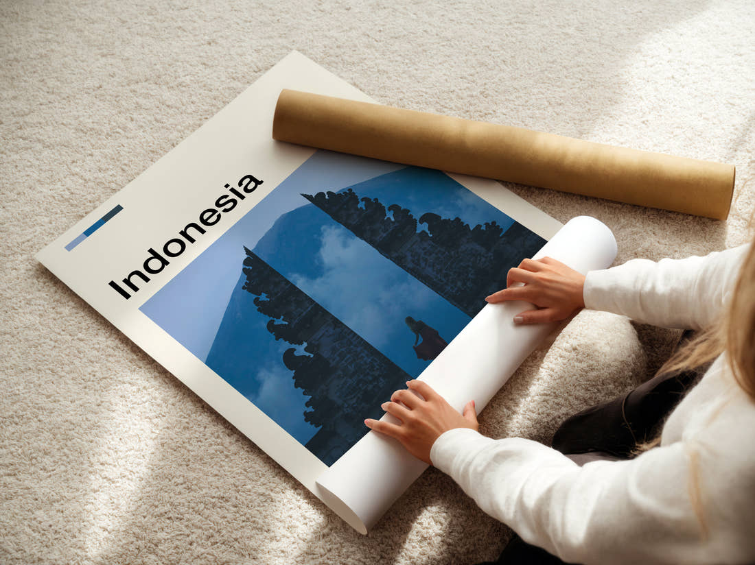 Indonesia Gates Of Heaven Travel Print being unrolled from its postal tube