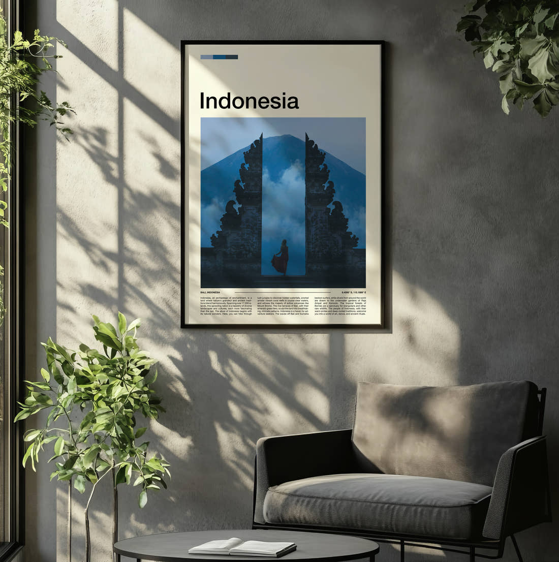 Indonesia Gates Of Heaven Travel Print framed on the wall of a relaxed living room