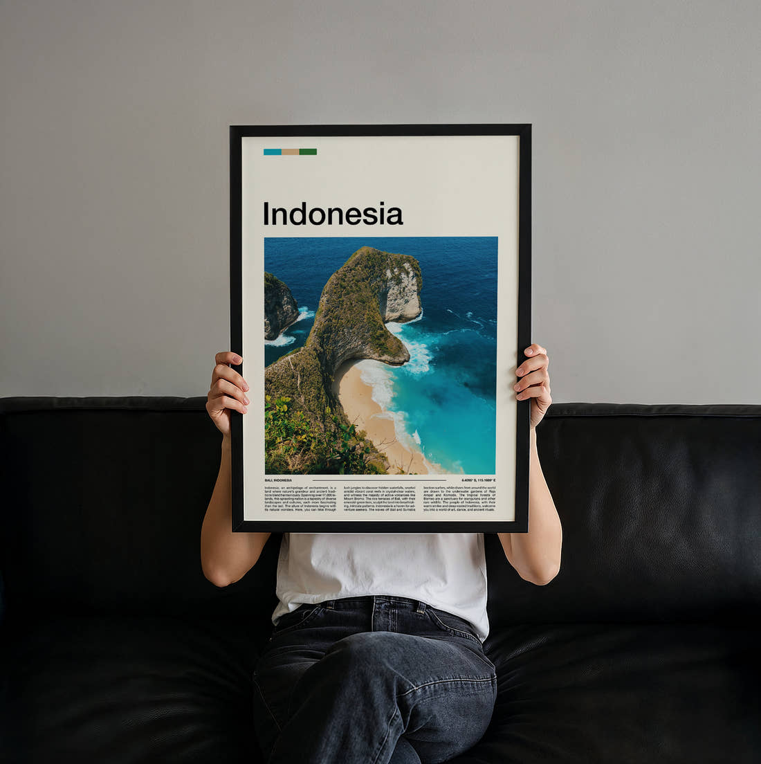 Indonesia Kelingking Beach Travel Print held up by hand to show the size of the print