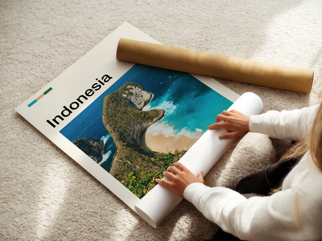Indonesia Kelingking Beach Travel Print being unrolled from its postal tube