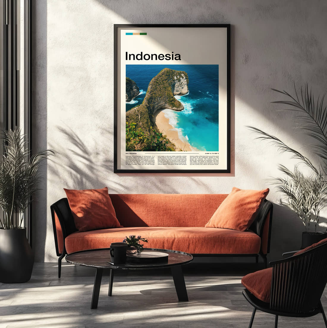 Indonesia Kelingking Beach Travel Print framed on the wall of a modern living room