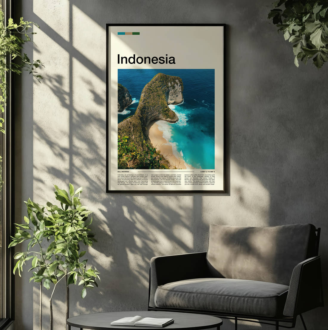 Indonesia Kelingking Beach Travel Print framed on the wall of a relaxed living room