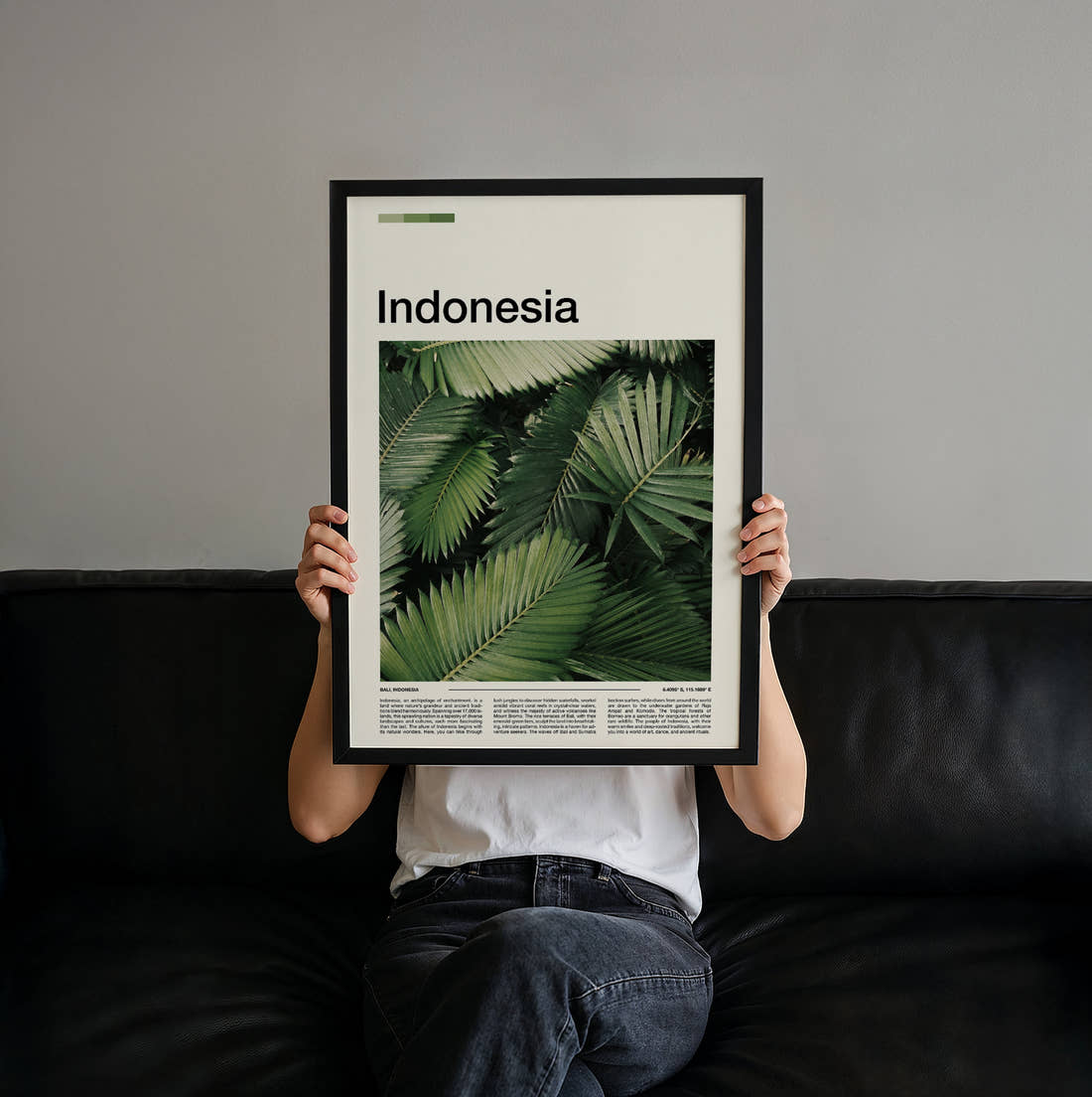Indonesia Palm Leaves Travel Print held up by hand to show the size of the print