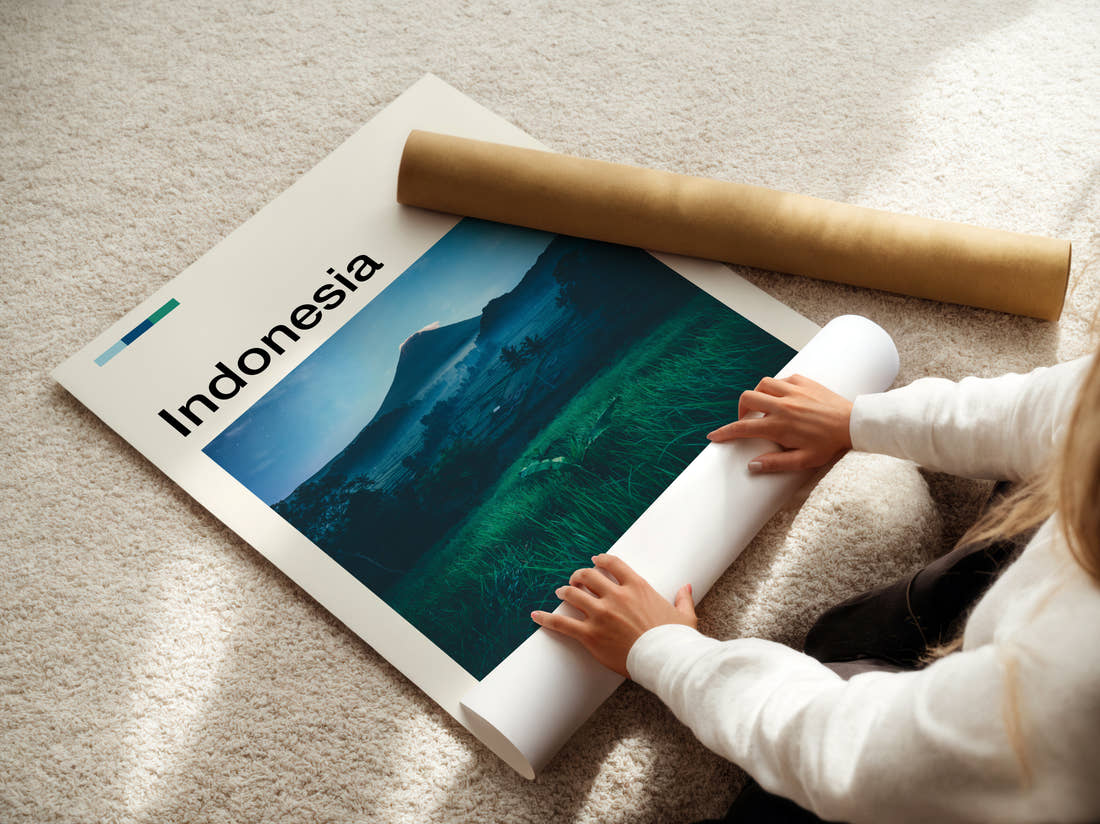 Indonesia Volcano At Dusk Travel Print being unrolled from its postal tube
