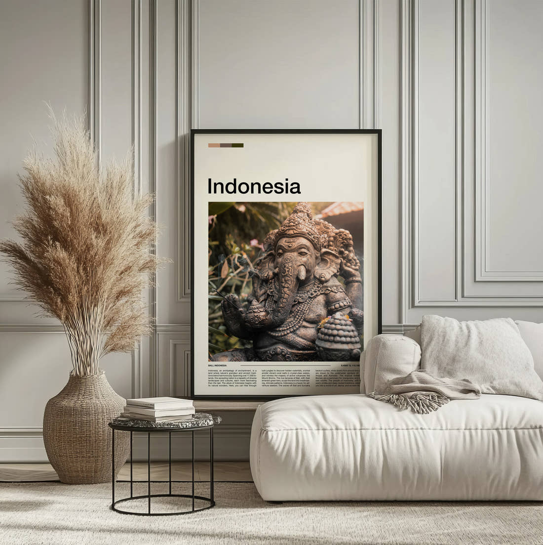 Indonesia Ganesha Statue Travel Print framed on the wall of a calm, neutral bedroom
