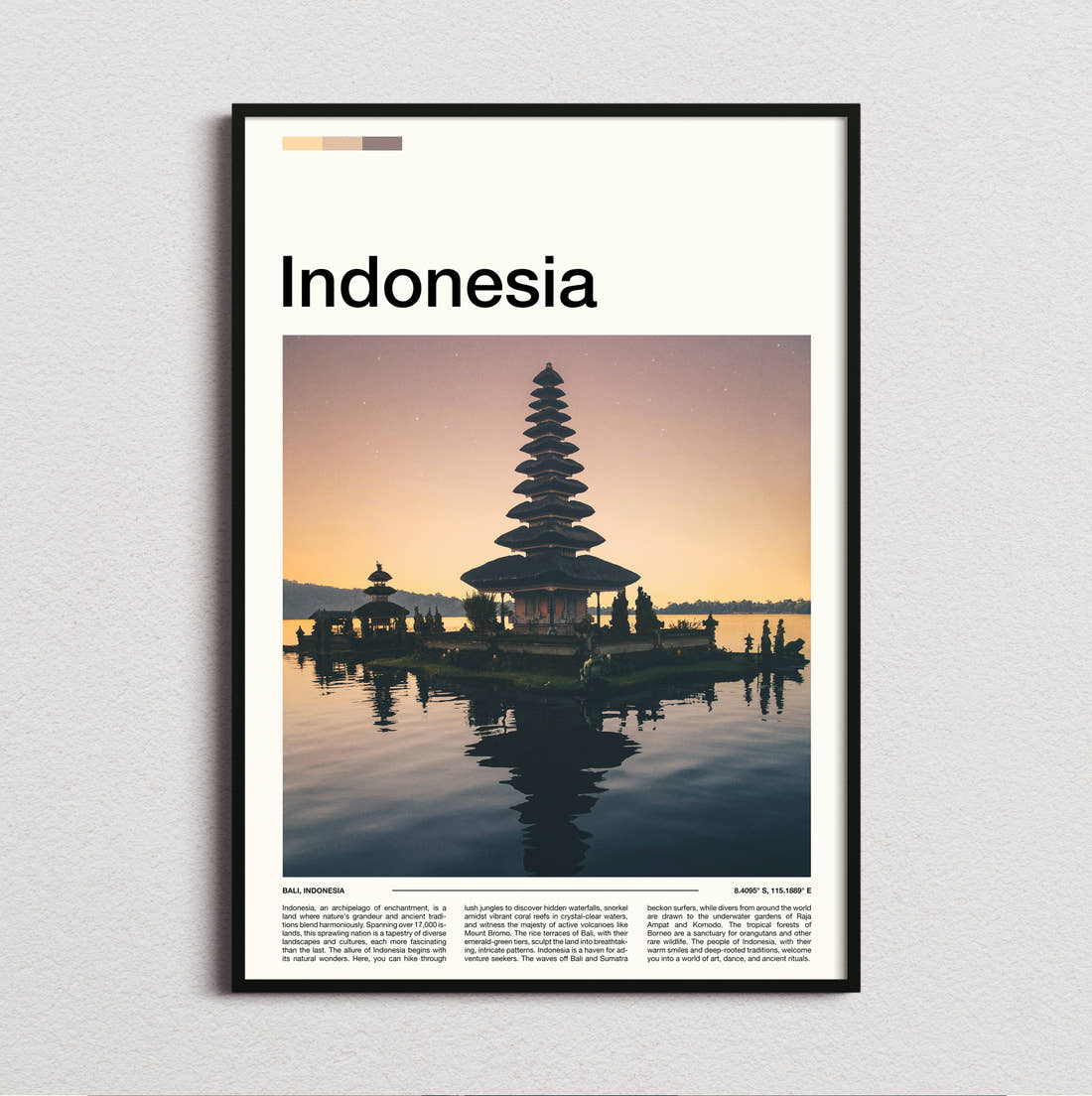 Indonesia Ulun Danu Temple Travel Print framed and photographed straight on