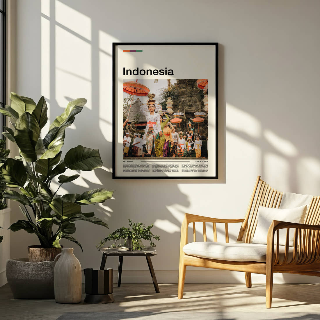 Indonesia Traditional Dress Ceremony Travel Print framed on a pale wall beside houseplants