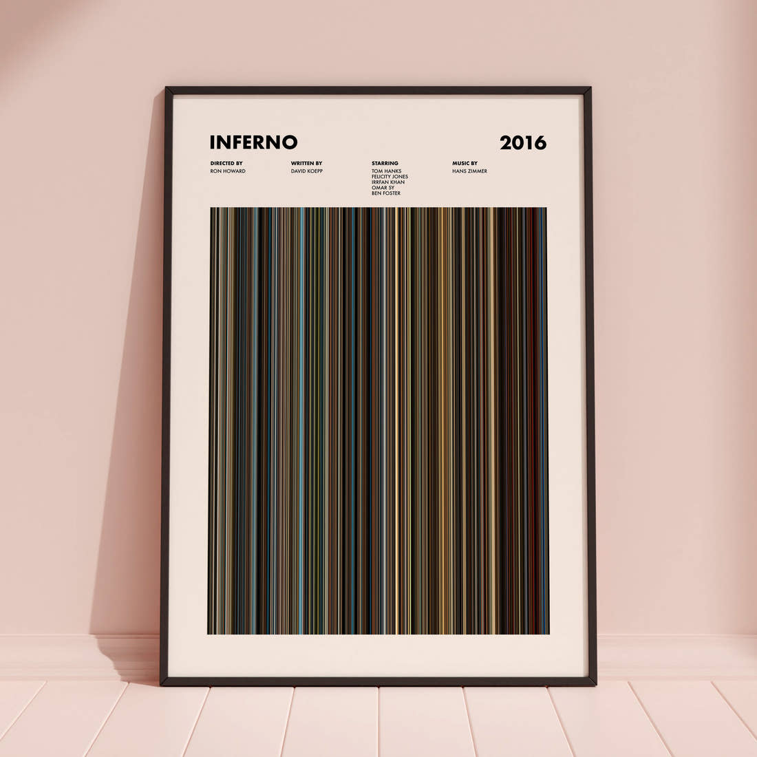 Inferno Movie Barcode Poster framed and leaning against a coloured wall