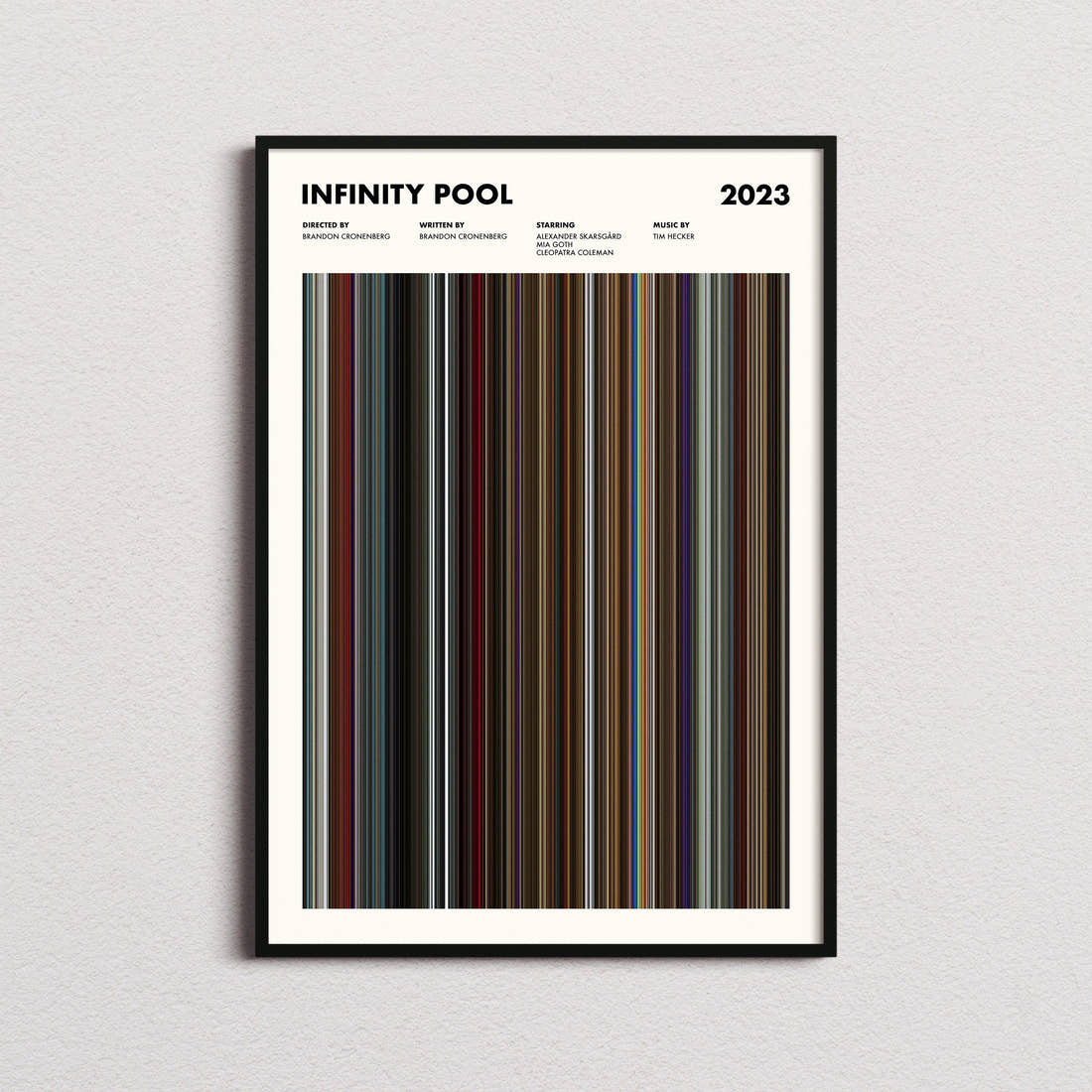 Infinity Pool Movie Barcode Poster framed on a plain studio wall