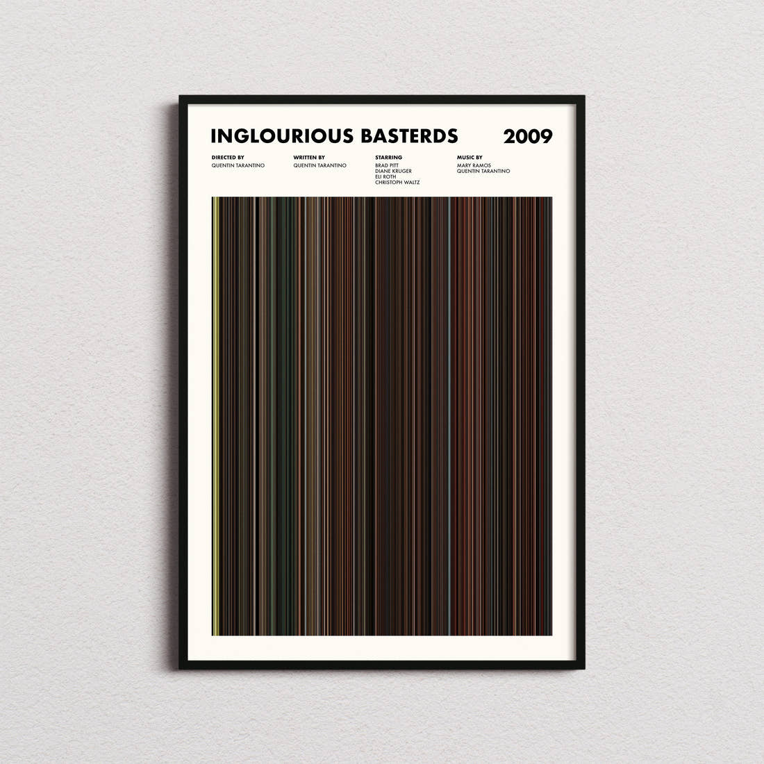 Inglourious Basterds Movie Barcode Poster framed on a plain studio wall