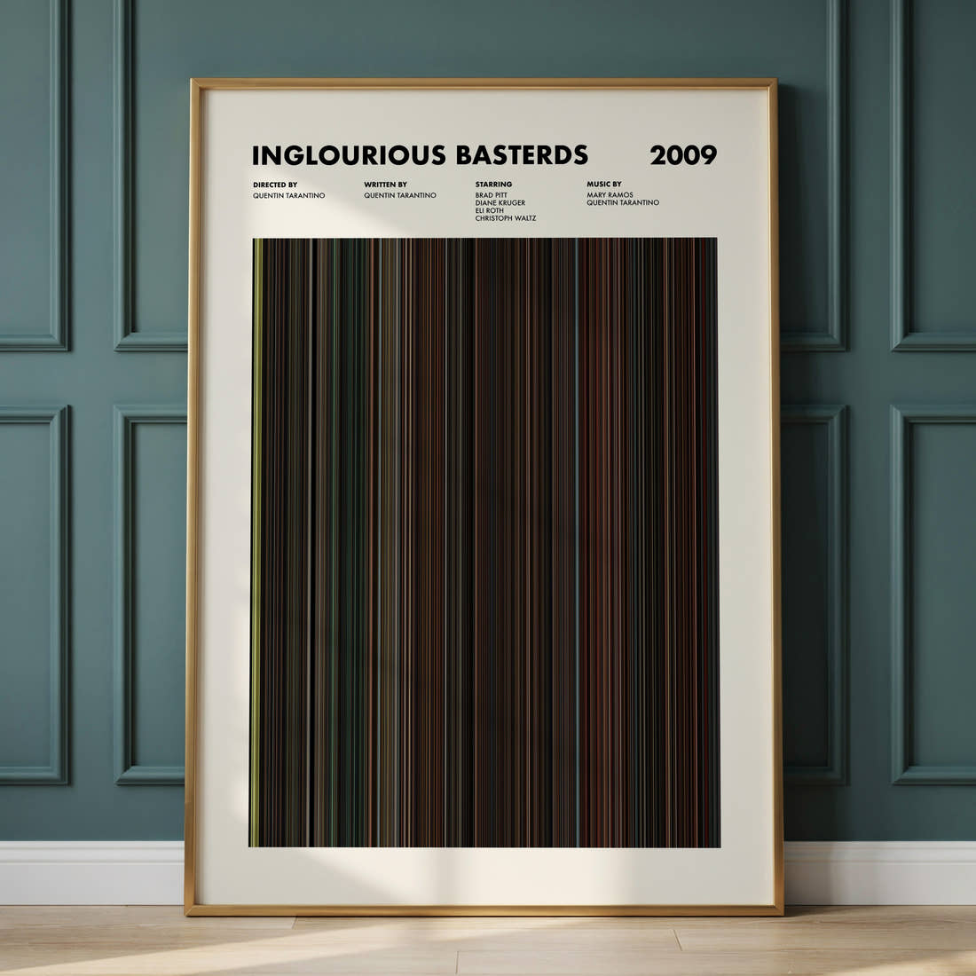 Inglourious Basterds Movie Barcode Poster framed and leaning against a panelled wall
