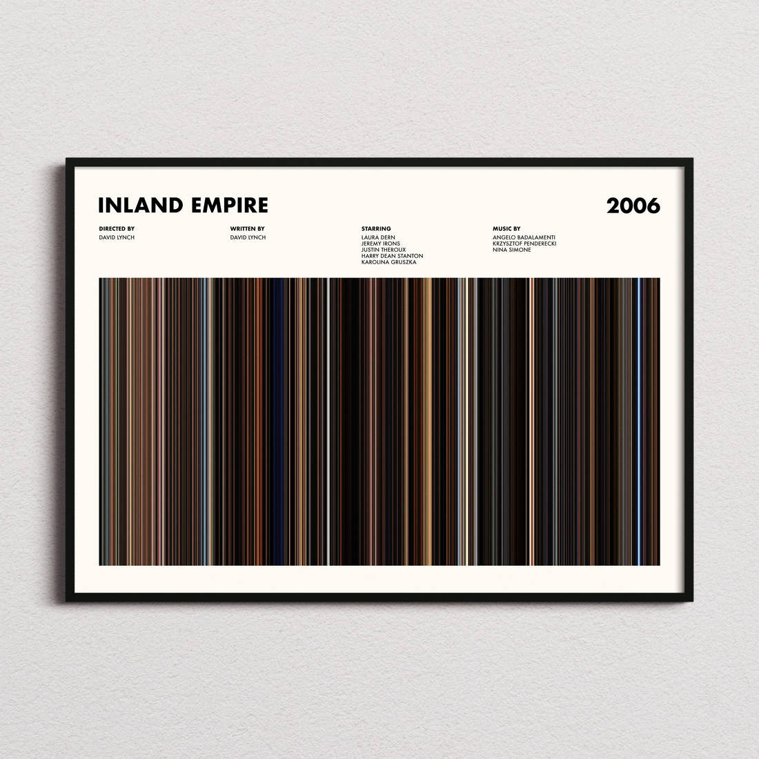 Inland Empire Movie Barcode Poster framed and photographed straight on
