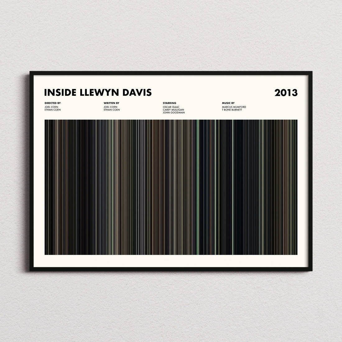 Inside Llewyn Davis Movie Barcode Poster framed and photographed straight on
