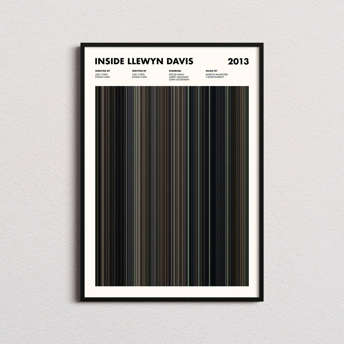 Inside Llewyn Davis Movie Barcode Poster framed on a plain studio wall