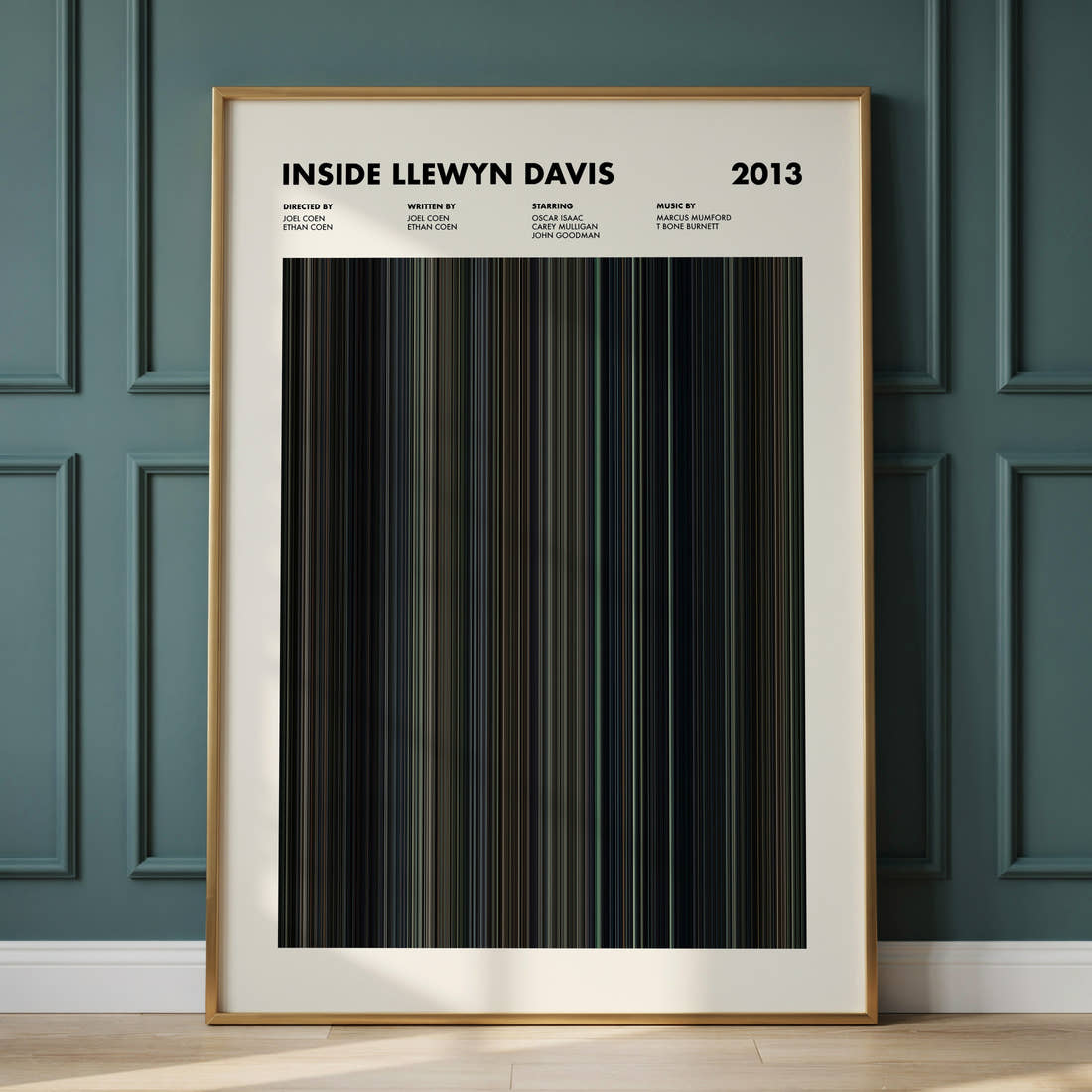 Inside Llewyn Davis Movie Barcode Poster framed and leaning against a panelled wall