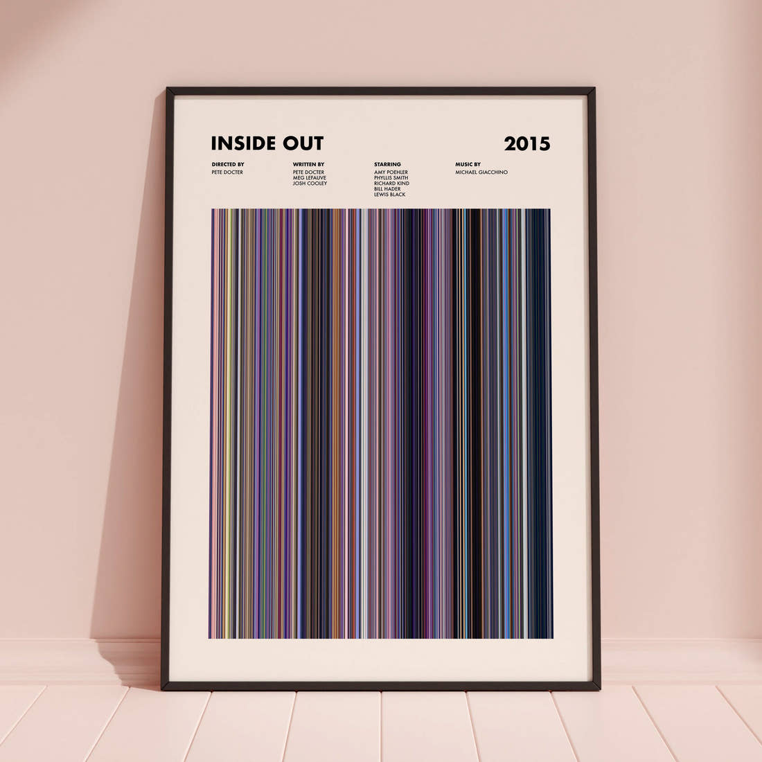 Inside Out Movie Barcode Poster framed and leaning against a coloured wall