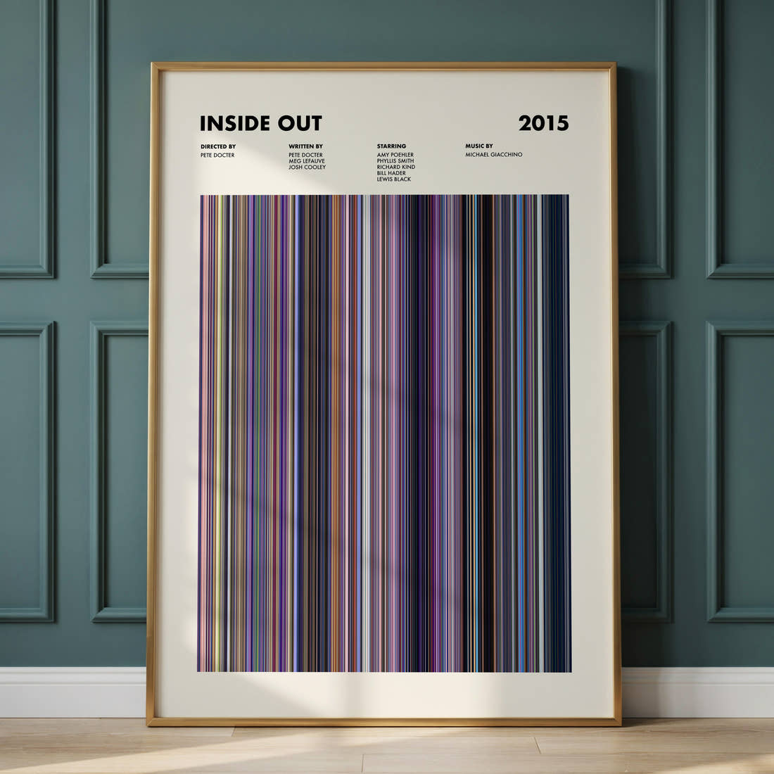 Inside Out Movie Barcode Poster framed and leaning against a panelled wall