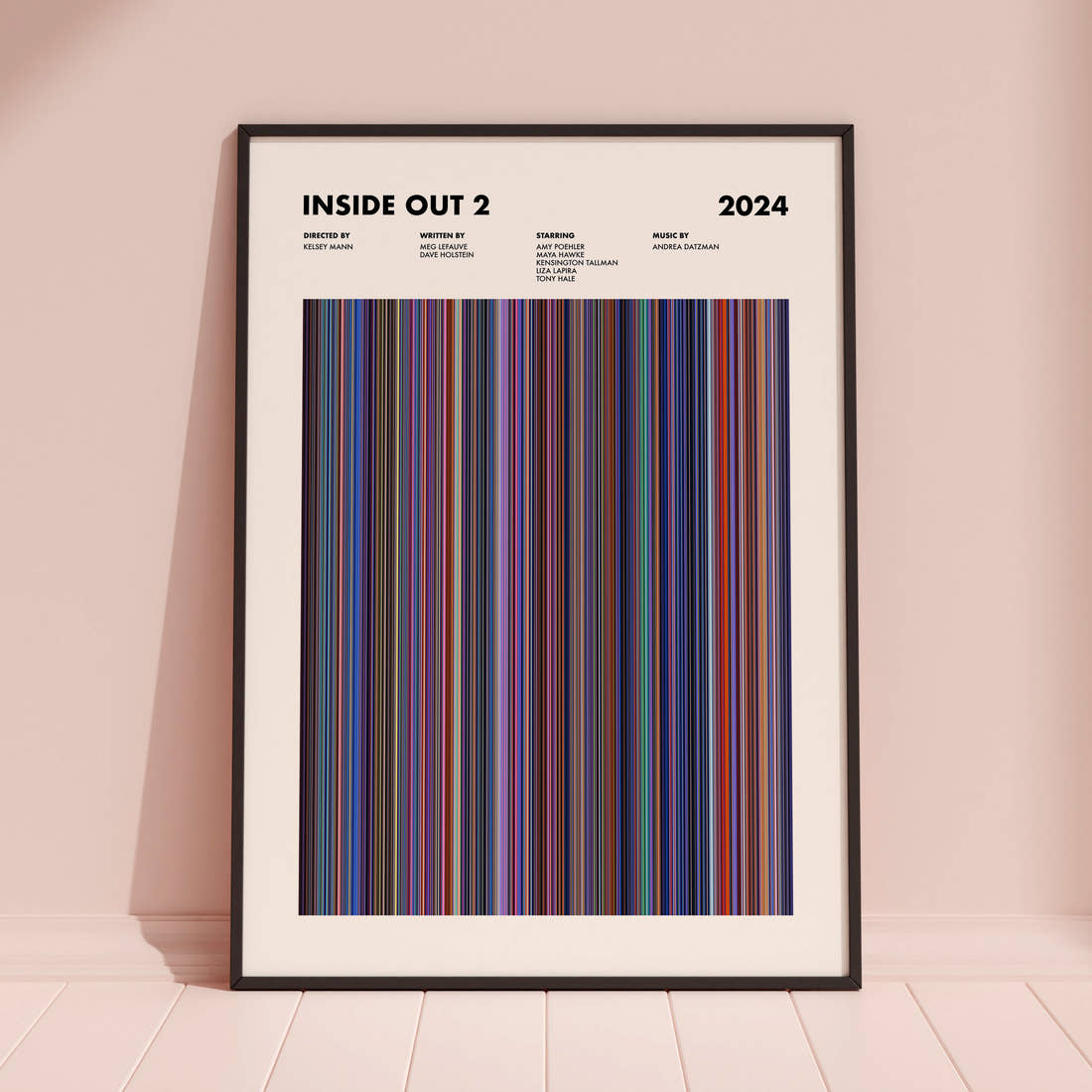 Inside Out 2 Movie Barcode Poster framed and leaning against a coloured wall